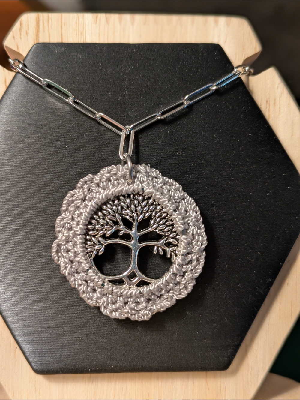 Silver Tree of Life Pendant Necklace with Crochet Border